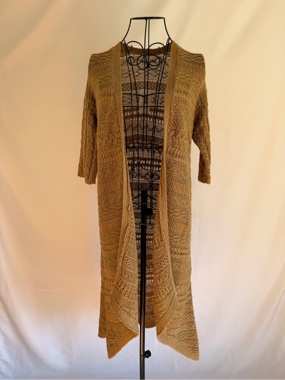 Chico's Long Open-Front Cable Knit Cardigan - Camel